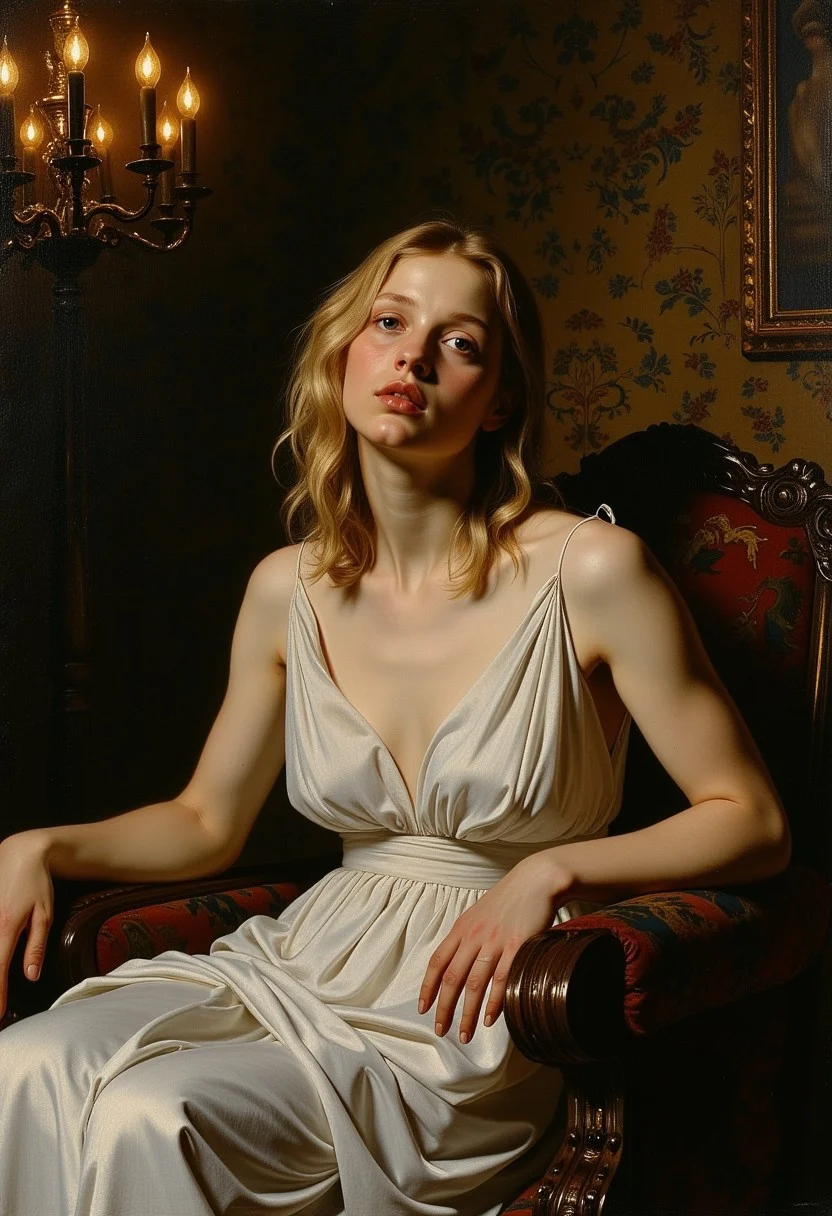 oil painting in style of Caravaggio, a woman with blonde hair, sitting on a chair. She has a slight, mysterious smile that has intrigued viewers for centuries. Her black eyes appear to follow the observer, adding to the painting’s allure. Her face is framed by golden, wavy hair, and she has a smooth, pale complexion. The overall expression is calm and composed, with a subtle hint of emotion that is difficult to pinpoint. She is wearing a white sleeveless dress. She is seated in a relaxed seduce pose with her right arm resting on the armrest and her left arm resting on her lap. Her legs are crossed, with her right leg over her left. a richly adorned interior. The background features dark, textured walls with intricate tapestries and dimly lit candelabras casting a warm, golden glow. The scene is rendered in the dramatic style, with stark contrasts between light and shadow. The chiaroscuro effect emphasizes the contours of her face and the folds of her dress, creating a sense of depth and realism. The rich, dark palette of the background enhances the focus on the woman, making her the central figure in this composition. dramatic tension