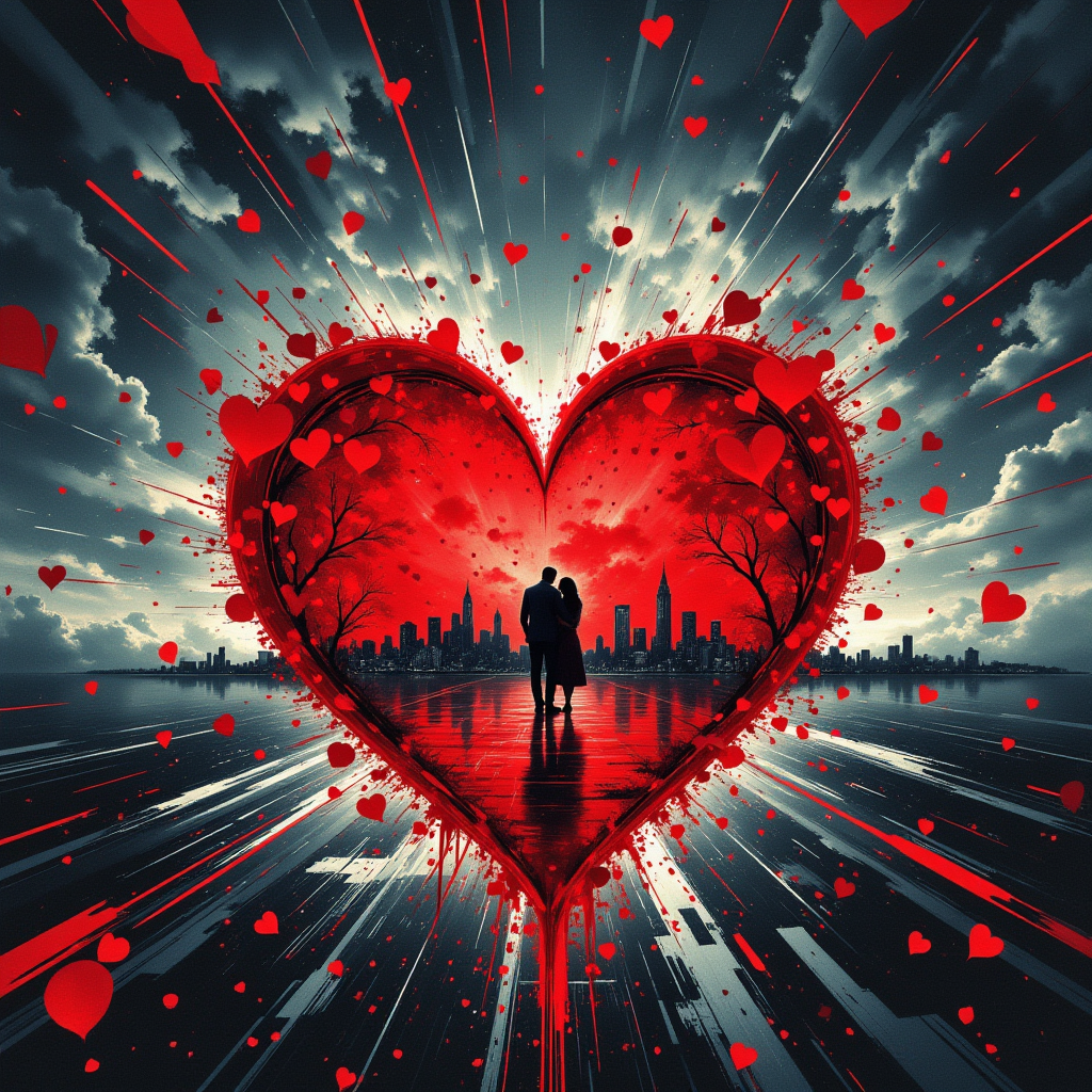 The image is a digital illustration of a heart-shaped puzzle piece in the center of a cityscape. The background is dark red, with the city skyline visible in the distance. The overall mood of the illustration is dark and ominous, conveying a sense of love and romance., <lora:Flux_Aidma\aidmaLOVEboost-FLUX-V0.1.safetensors:0.5:0.5> <lora:Flux_Style\niji_flux.safetensors:0.5:0.5> <lora:Flux_Aidma\aidmaFLUXPro1.1-FLUX-v0.3.safetensors:0.5:0.5>