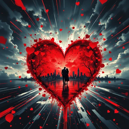 The image is a digital illustration of a heart-shaped puzzle piece in the center of a cityscape. The background is dark red, with the city skyline visible in the distance. The overall mood of the illustration is dark and ominous, conveying a sense of love and romance., <lora:Flux_Aidma\aidmaLOVEboost-FLUX-V0.1.safetensors:0.5:0.5> <lora:Flux_Style\niji_flux.safetensors:0.5:0.5> <lora:Flux_Aidma\aidmaFLUXPro1.1-FLUX-v0.3.safetensors:0.5:0.5>