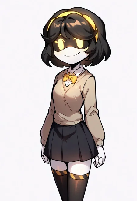 (masterpiece, high quality, highly detailed, best quality), SD-V, 1girl, solo, robot girl, humanoid robot, robot joints, hairband, short white hair, yellow eyes, solid circle pupils,
solo, skirt, short hair, , looking at viewer, , sweater, bow, bowtie, pleated skirt, white background, , bangs, black skirt, school uniform, black hair, simple background, long sleeves, smile