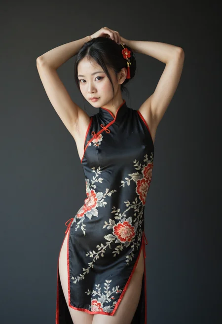 score_9, score_8_up, masterpiece, best quality, absurdres, amazing quality, ultra realistic, soft lighting, fair skin, (chinese woman), beautiful face, straight black hair, traditional chinese hairstyle, detailed skin texture, subtle makeup, floral hairpin, cheongsam, silk embroidery, standing pose, serene expression, shallow depth of field, natural background, soft warm lighting,extremely detailed skin, natural skin texture,