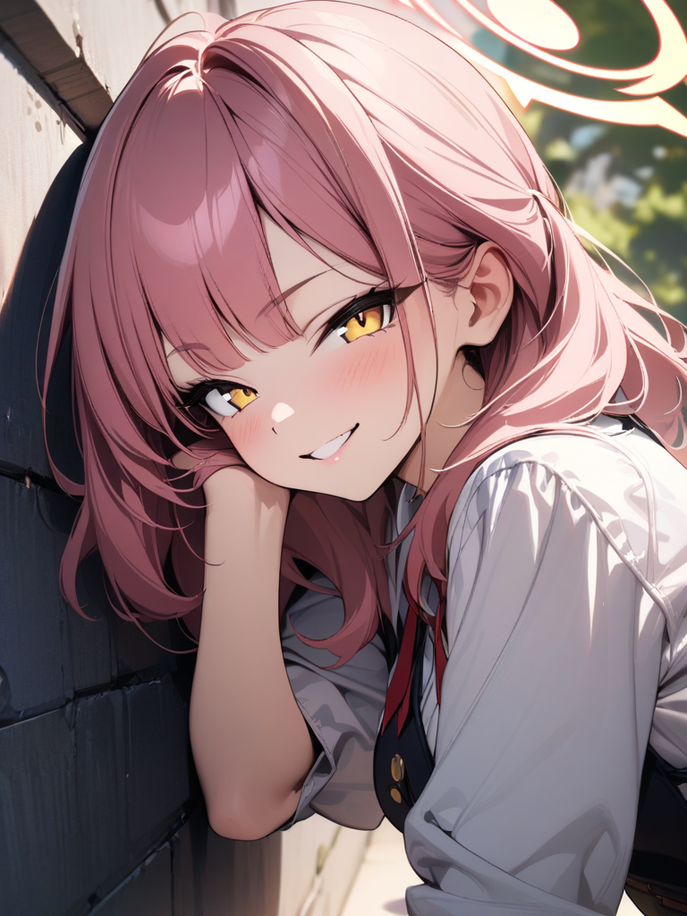(masterpiece),(best quality),(ultra-detailed),(best illustration),(best shadow),(absurdres),(detailed background),(very aesthetic), looking at viewer, 1girl, solo, Aru_(Blue_Archive), yellow eyes, pink hair, leaning on a wall, looking at viewer, seductive smile, halo, upper body