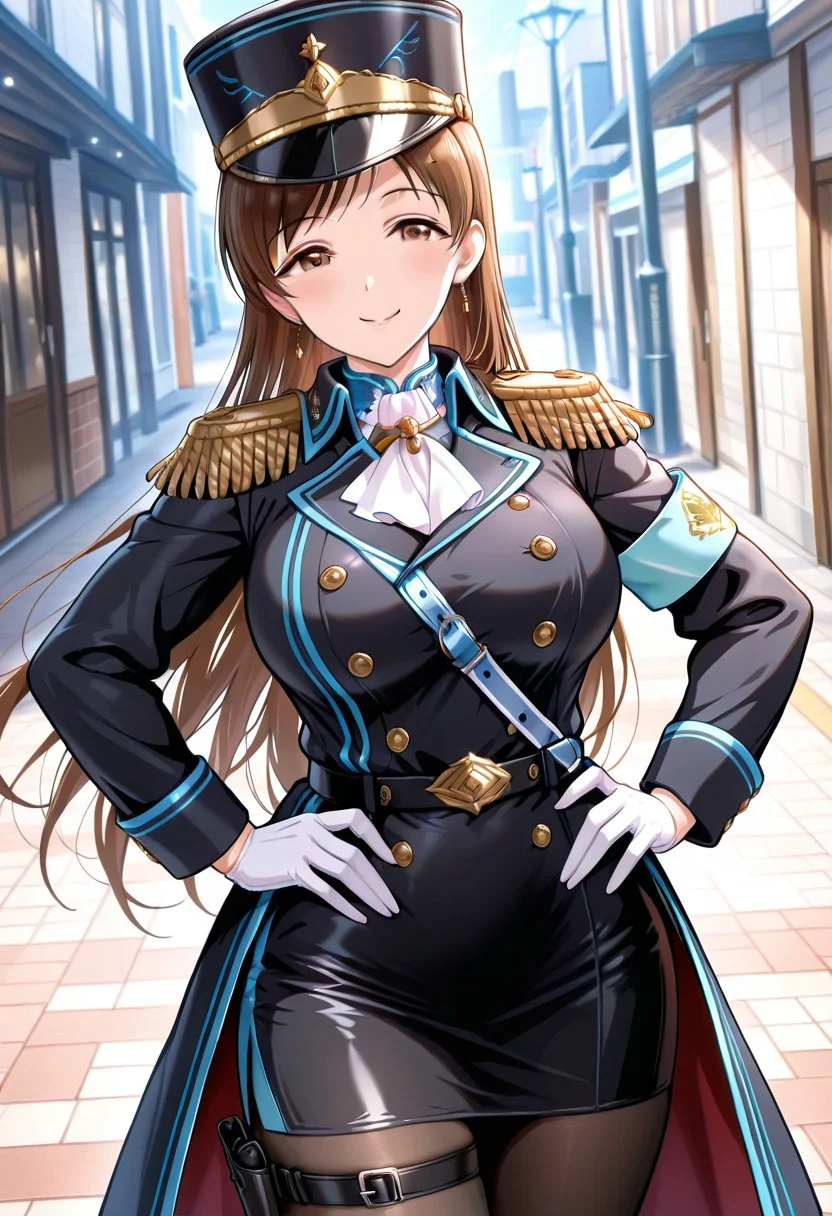<lora:Nitta_Minami_Cinderella:1>, Nitta_Minami_Cinderella, masterpiece, best quality, amazing quality, 1girl, solo, cowboy shot,
smile, looking at viewer, hand on hip,
(very long hair, brown hair, parted bangs, sidelocks), brown eyes, big breasts, muscular body,
(black military uniform, long-coat, epaulettes, long-sleeves, light-blue armband, badges, buttons), white ascot, (utility belt, cross-shoulder belt, leg belt, belt pouches, holsters, black pencil-skirt, black pantyhose), white gloves, (black shako cap, light-blue feathers),
outdoors,