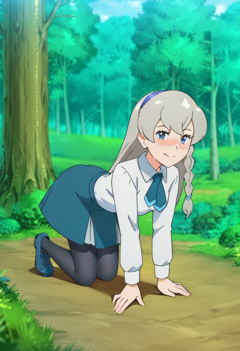 score_9, score_8, score_7_up, source_anime, anime_coloring, anime_screenshot, highres, rating_quesitionable
PKMNRegina, 1girl, long hair, grey hair, bangs, braid, side braid, single braid, hairband, blue hairband, blue eyes, white shirt, collared shirt, school uniform, necktie, blue necktie, long sleeves, skirt, blue skirt, pantyhose, shoes, blue footwear,
solo, full body, all fours, seductive smile, looking at viewer, naughty face, nose blush, forest, tree