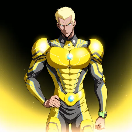 <lora:Sawyer_Tomura:1>,morris shoemaker,1boy,male focus,solo,hand on own hip,clenched hand,bodysuit,yellow-black armor bodysuit,standing,looking to the side,serious,wristwatch,masterpiece,high score,great score,absurdres,