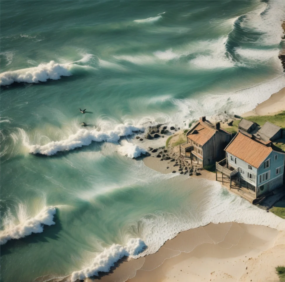 beach, ocean, no humans, water, sand, rock, scenery, outdoors, bird, waves, shore, cloud, house <lora:wavetopXL:1>