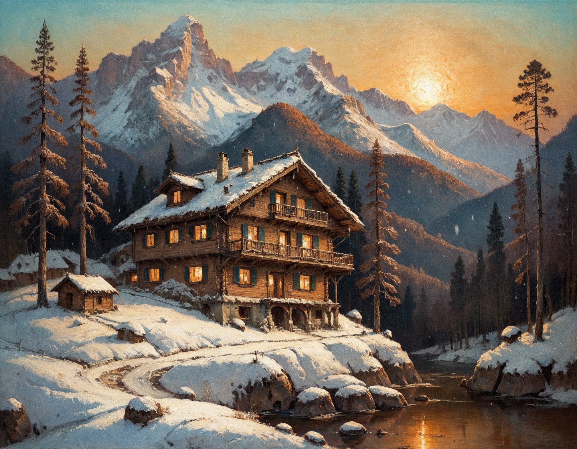 masterpiece, best quality, ultra-detailed,  elegant, snowy landscape, mountains, pine trees, distant cozy wooden house, dusk,  <lora:add-detail-xl:0.7> <lora:xl_more_art-full_v1:0.7>  <lora:sdxl/nicola_samori_dark_art_style:0.7> in the style of Nicola Samori
