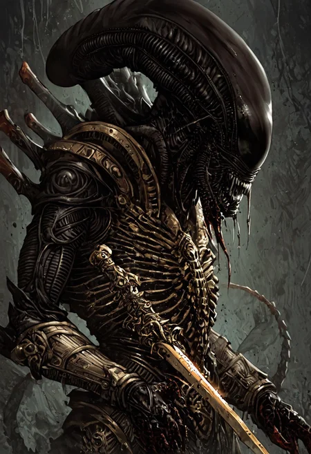 score_9, score_8_up, score_7_up, score_6_up, score_5_up, score_4_up,<lora:Fant5yP0ny:0.8>, xenomorphic creature from Lords of the Fallen, black templar armor, gold sword of Pieta, solo, gold eyes, blood on face