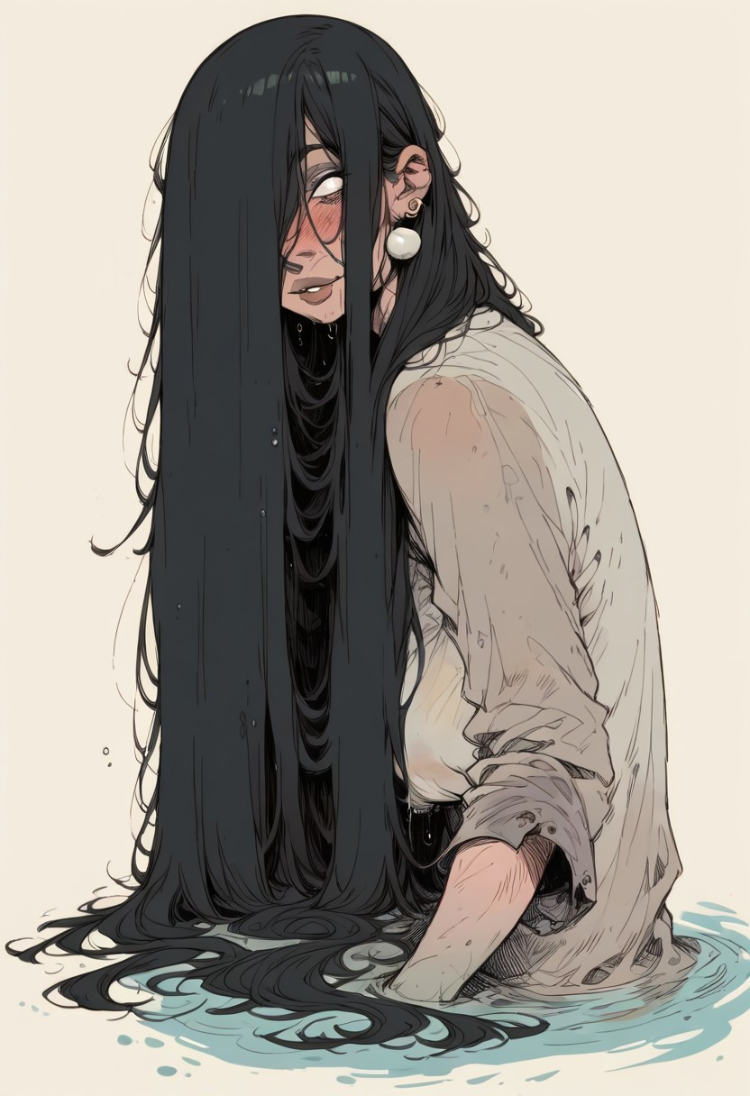 ((Rating_sfw)) , score_9, score_8_up, score_7_up, score_6_up, score_5_up, score_4_up,
best quality, highly detailed, intricate details, extremely detailed, smooth lines,
...
theonryoxl,long black hair,pale skin,white eyes,evil smile,very long hair,hair over one eyes,hair between eyes, dirty white dress with sleeves,skin tight, see-through shirt, sagging breasts,puffy nipples,wet clothes, dirt,night,old well, <lora:TheOnryoS:0.9>,((convenient_sensoring)) 
...
(looking at viewer), thick lips, parted lips, covered, earrings, (full body), blushed, focus on face,
...
abstract background, water,