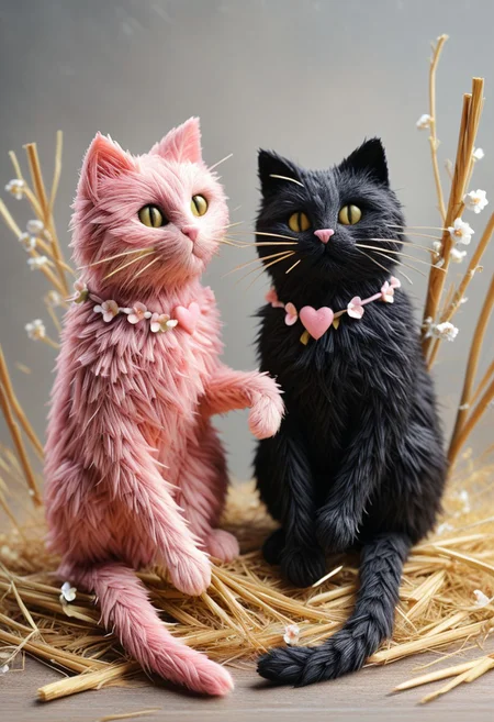 masterpiece, best quality, absurdres, cats made of Straw sitting on a tree branch, facing each other in an intimate and harmonious pose. The left cat is black, while the right cat is white, creating a striking contrast. They are surrounded by delicate, blooming branches with small flowers, adding a serene and romantic atmosphere. The background is softly blurred, focusing the viewer's attention on the cats and their interaction. The lighting is soft, emphasizing the texture of their fur and the gentle ambiance of the scene. pink heart in front of them, ((everything made out of Straw))