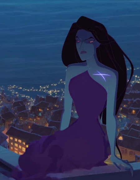 <lora:ASinbadEris_character:1> ErisXLP,, || long hair, black hair, colored skin, red eyes, blue skin,, || strapless, dress,, || anime screencap,
lounging on the roof, roof tiles, overlooking a coastal town, fantasy style coast town, evening, ocean, beach,, score_9, score_8_up, score_7_up, score_6_up, score_5_up,
