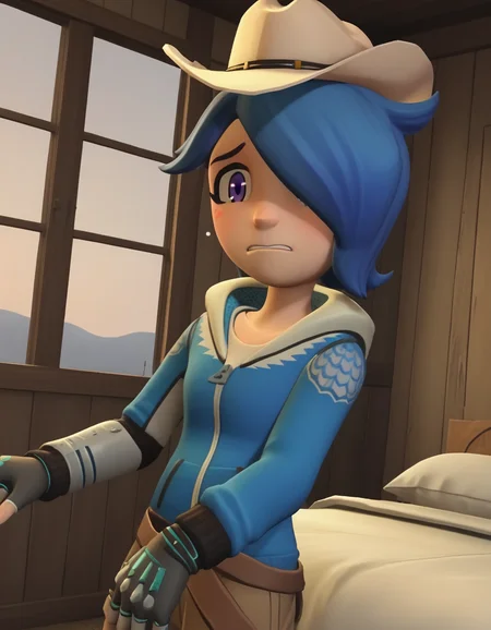 score_9, score_8_up, score_7_up, source_anime,
turboartificialrapidintelligence, <lora:turbo-artificial-rapid-intelligence-ponyxl-lora-nochekaiser:1>,
turbo artificial rapid intelligence, blue hair,hair over one eye, purple eyes, 3d,
hat, hood, hoodie, cowboy hat, cowboy western,
indoors, bed, bed room, on side, blush, drunk,
looking at viewer, cowboy shot, dutch angle, solo,