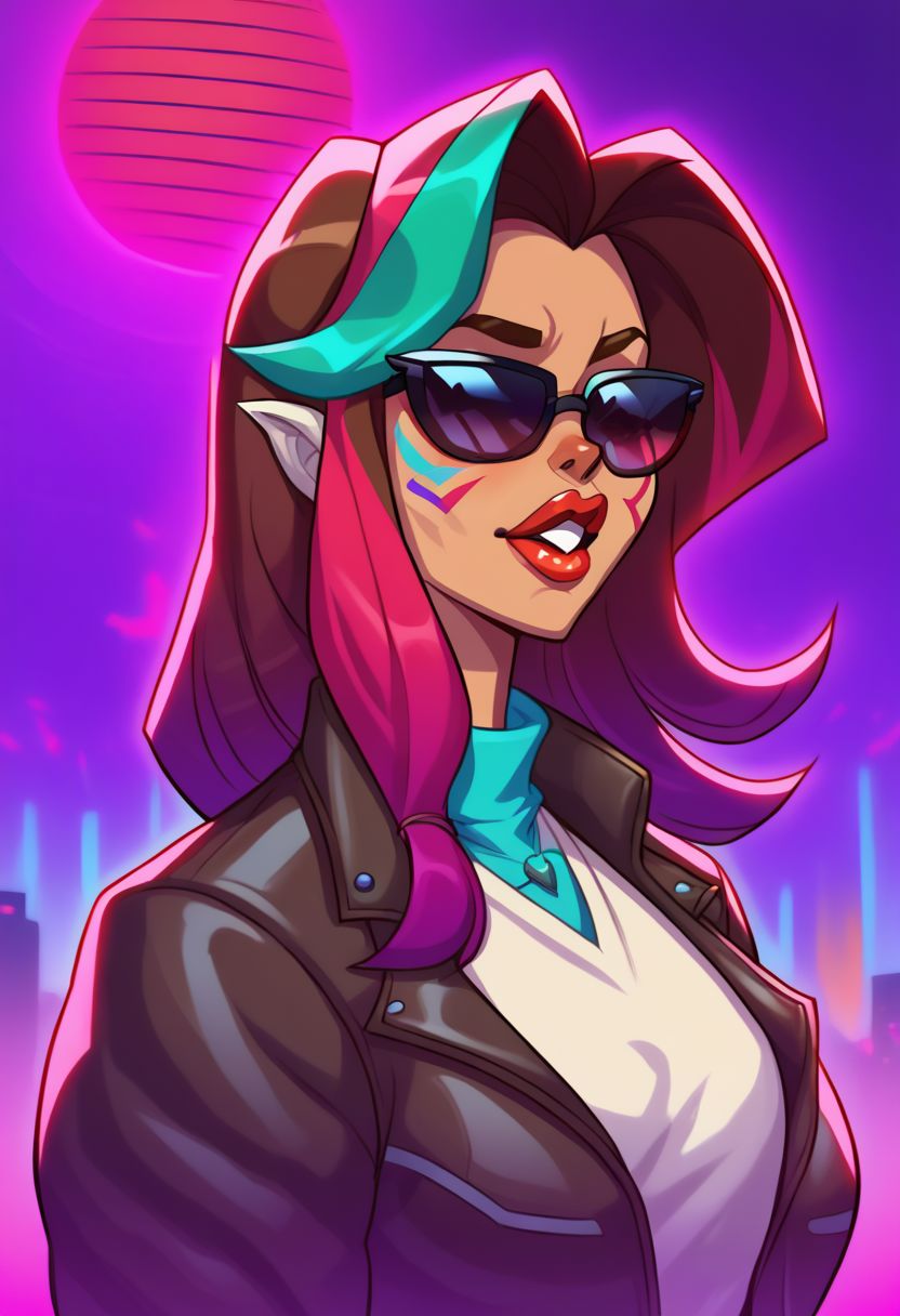 orc female, score_9, score_8_up, score_7_up, BREAK, <lora:balsamique-guy-PONYv1:1>, 1girl, solo, <lora:gwentd-guy-ponyv1:0.9> gwentd, two-tone hair, lipstick, leather jacket, sunglasses, outdoors, city, depth of field, portrait, synthwave, sunset, wireframes, red sun, vaporwave, neon palette, neon lights,