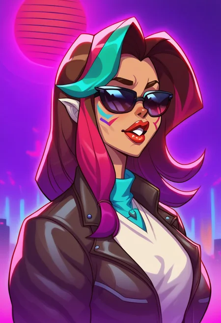 orc female, score_9, score_8_up, score_7_up, BREAK, <lora:balsamique-guy-PONYv1:1>, 1girl, solo, <lora:gwentd-guy-ponyv1:0.9> gwentd, two-tone hair, lipstick, leather jacket, sunglasses, outdoors, city, depth of field, portrait, synthwave, sunset, wireframes, red sun, vaporwave, neon palette, neon lights,