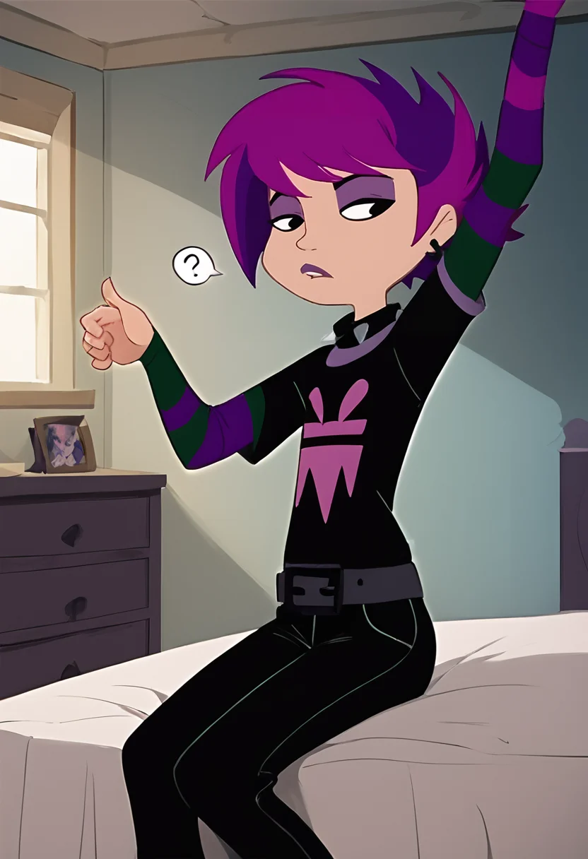 ophelia ramirez, 1girl, purple hair, short hair, black shirt, striped sleeves, black pants, sitting, confused, arm up, looking back, <lora:ophelia-08:1>