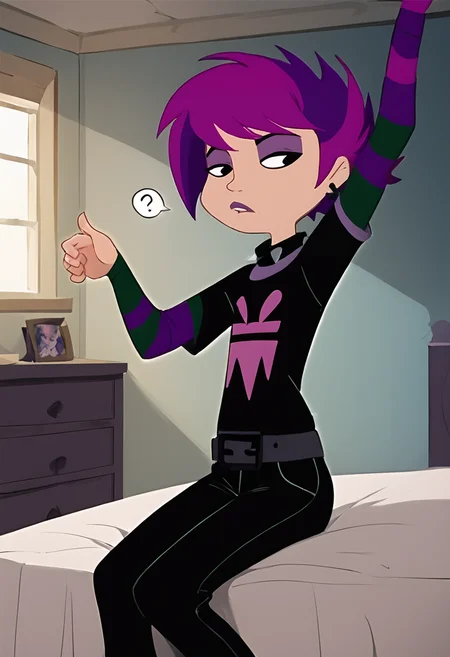 ophelia ramirez, 1girl, purple hair, short hair, black shirt, striped sleeves, black pants, sitting, confused, arm up, looking back,  <lora:ophelia-08:1>
