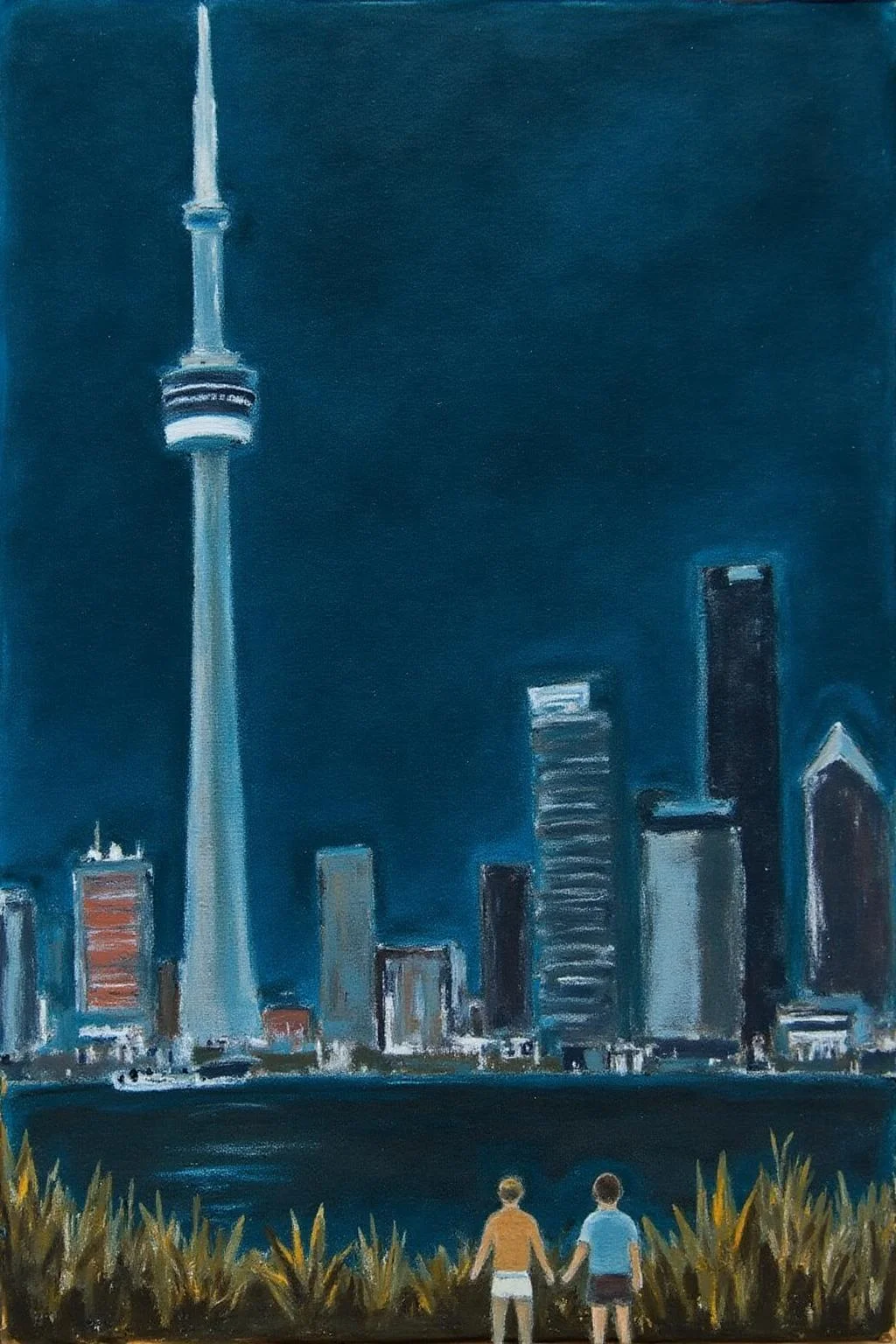 jeanpaullemieux1 painting.
A nighttime cityscape featuring the CN Tower in Toronto. Two small figures are standing in the foreground, their backs to the viewer. <lora:jeanpaullemieux1_cap_d6a3e8:1.0><lora:841074825859683305:0>