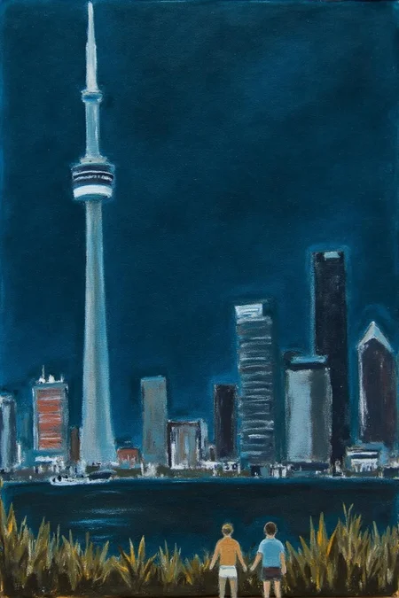 jeanpaullemieux1 painting.
A nighttime cityscape featuring the CN Tower in Toronto. Two small figures are standing in the foreground, their backs to the viewer. <lora:jeanpaullemieux1_cap_d6a3e8:1.0><lora:841074825859683305:0>