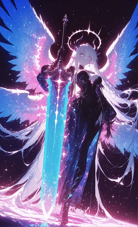 masterpiece, sharp detail, intricate detail, 1girl ,(rella, konya karasue), floating hair, pale skin, (multiple wings), pointy ears, halo, multiple horns, long hair, white hair, absurdly long hair, monster girl, large breasts, huge wings, feathered wings, (holographic colors, light painting wings, glowing feather), multicolored hair, colored inner hair, inner nebula print wings, (neon palette), floating, levitation, bare foot, upper body, from below, dutch angle, holding sword, holding greatsword, pink energy swirl, dramatic highlights, backlit illumination, ethereal glow, magical atmosphere, swirling energy, energy lasers, light waves, face highlights, sparkling particles, BREAK chiaroscuro, volumetric lighting, dappled light, dramatic shadows, cinematic lighting, detailed background, light and shadow contrast, <lora:aboba_prime_3:0.7>, <lora:Bright_style:0.7> Bright_illu, sparkle,