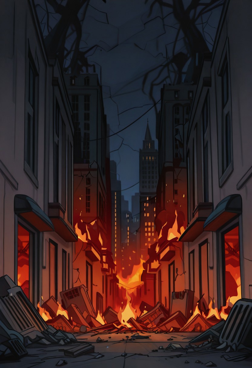 masterpiece, best quality,
 <lora:Inusen:1>
1n0s3n, nobody on screen, city destroyed background, drawned in inusen style, night, lots of buildings destroyed, lots of flames, dutch angle of an exterior corridor from a apartment building