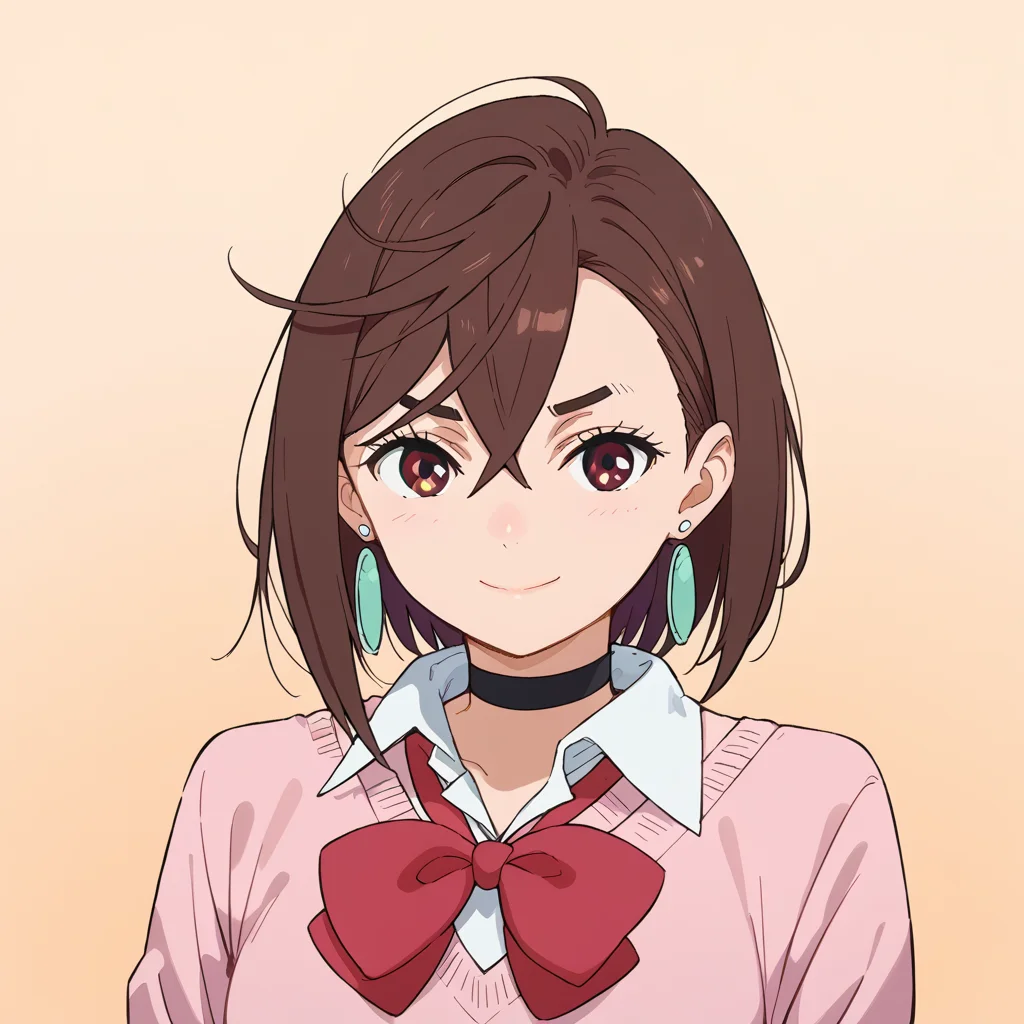 score_9, score_8_up, score_7_up, source_anime, BREAK 1girl, looking at viewer, gradient background, upper body, light smile, momo, brown hair, short hair, hair between eyes, asymmetrical bangs, brown eyes, earrings, black choker, school uniform, white collared shirt, pink sweater, long sleeves, red bowtie, <lora:momo-ponyXL-v0.5-000008:0.8>
