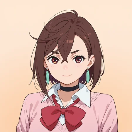 score_9, score_8_up, score_7_up, source_anime, BREAK 1girl, looking at viewer, gradient background, upper body, light smile, momo, brown hair, short hair, hair between eyes, asymmetrical bangs, brown eyes, earrings, black choker, school uniform, white collared shirt, pink sweater, long sleeves, red bowtie, <lora:momo-ponyXL-v0.5-000008:0.8>