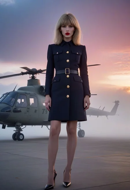 James Bond 007 style, foggy airport runway at dawn, award-winning film still of 4ng3l face egirlmakeup young skinny woman in front of military helicopter, full body, skinny, high heels, long thin legs, freckled pale skin, blunt bangs, long shiny blonde hair, glossy red lipstick, delicate feminine features, blushing pink cheeks, purple pink orange fog clouds, epic, 8k, highly detailed, interesting and captivating