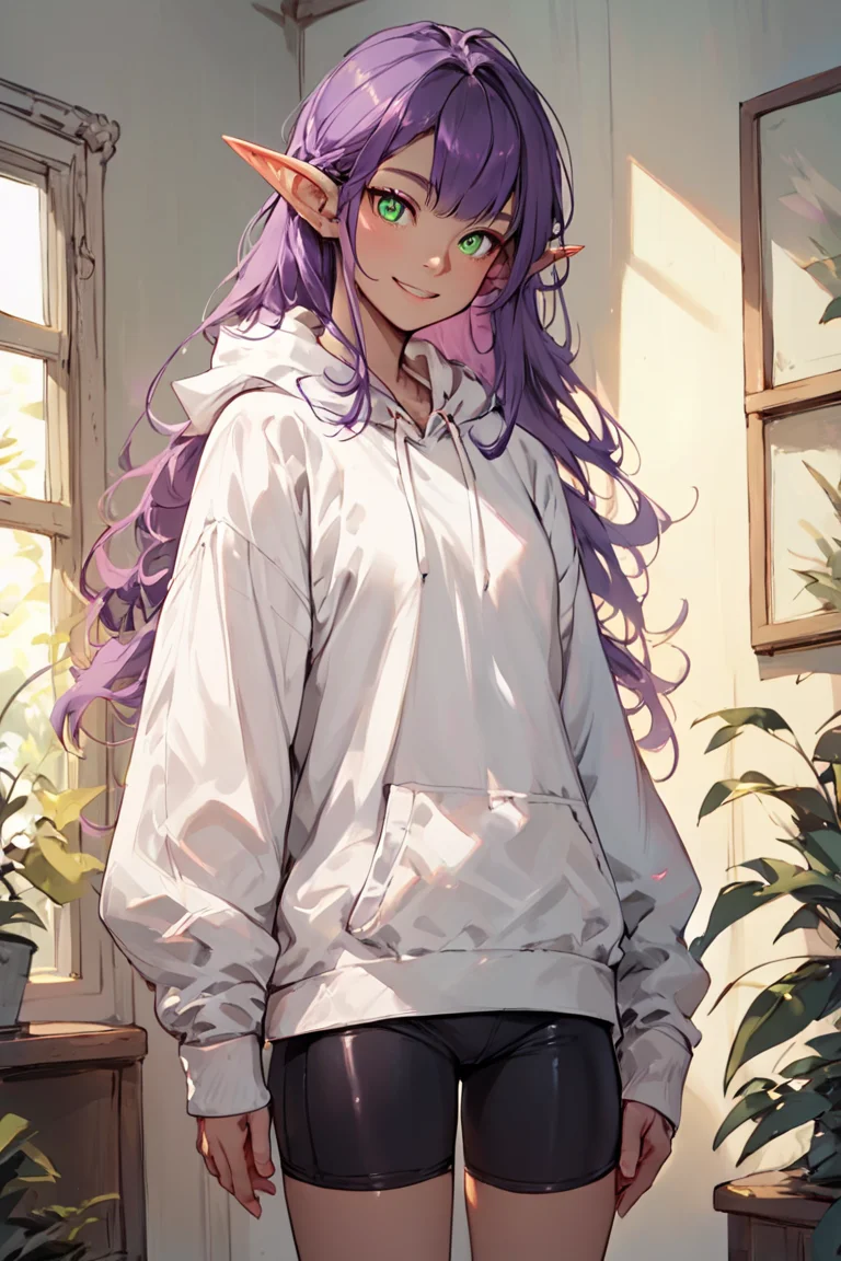 score_9, score_8_up, score_7_up, rating_safe, elf, pointy ears, purple hair, long hair, green eyes, white hoodie, bike shorts, smile, 1girl, solo, looking at viewer, cowboy shot, standing, indoors, living room <lora:MatureMaleMix v1.4 Style LoRA_Pony XL v6:1>