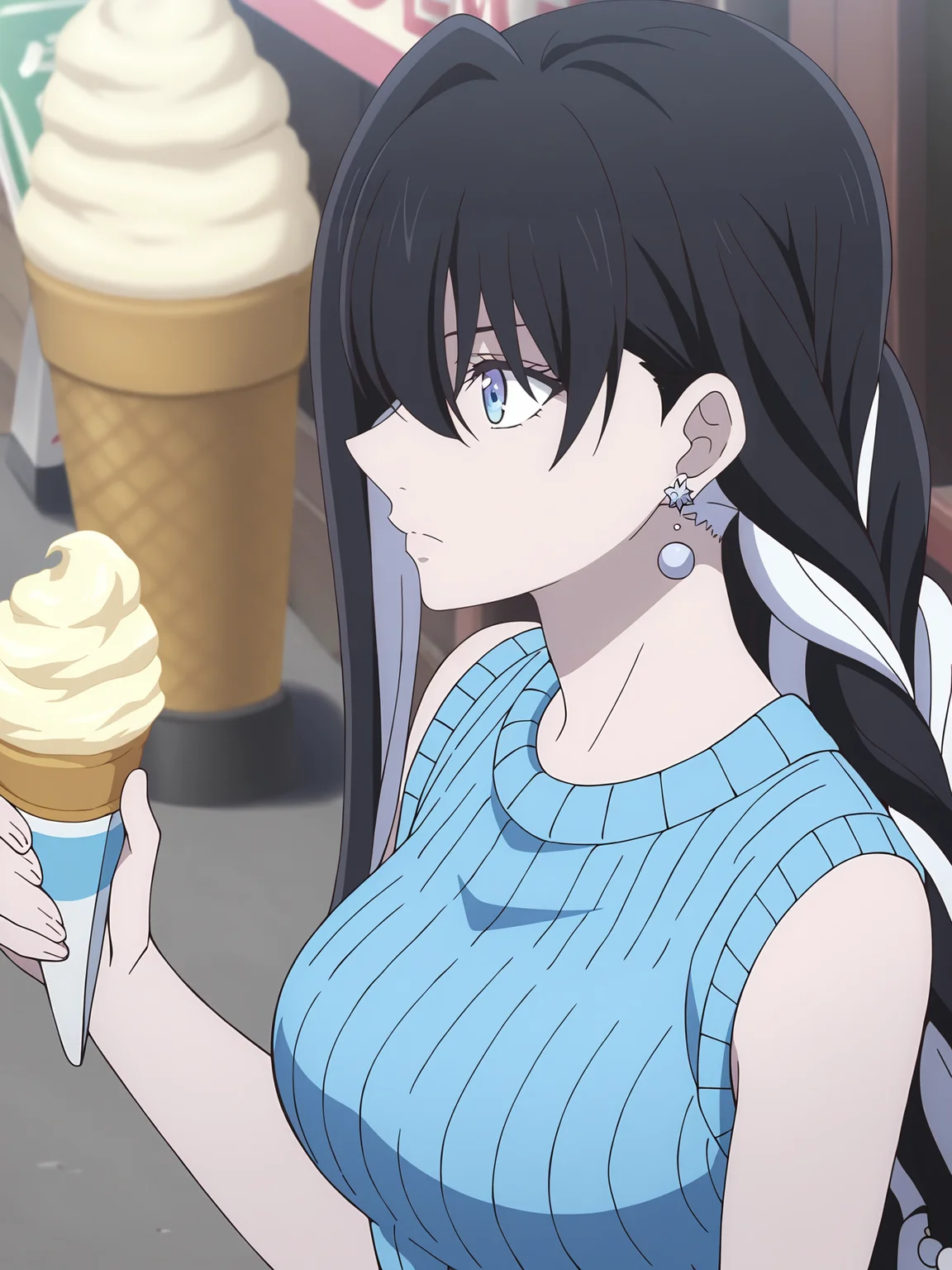 <lora:Yuki-Onna:0.8>yuki_onna, 1girl, solo, black long hair, twin braids, blue eyes, white casual earrings, blue ribbed sleeveless sweater, ice cream, neutral, serious, calm, holding ice cream, sitting, ice cream shop, outdoors, looking forward, upper body