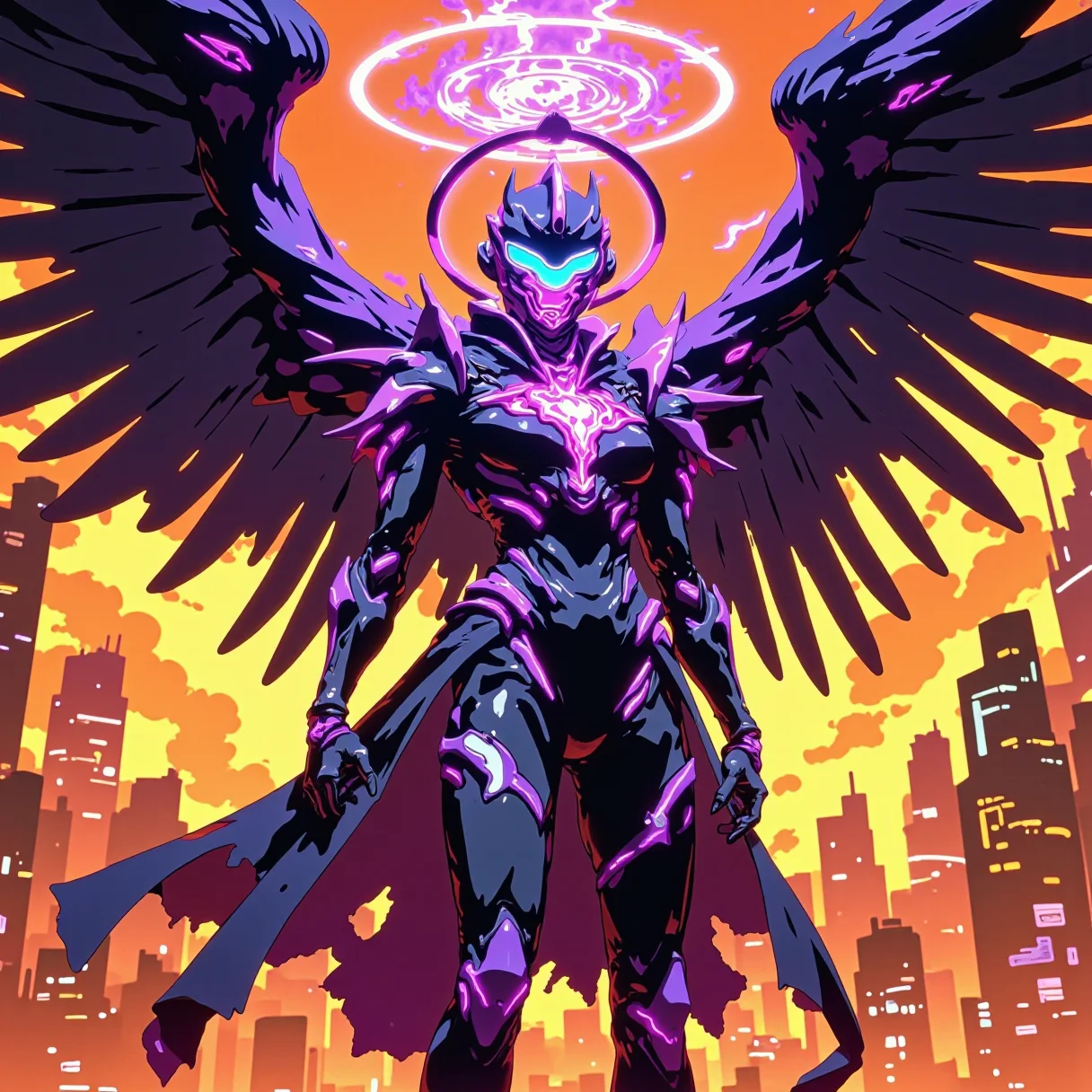 anime of a futuristic character stands proudly in front of a vibrant cityscape, donning a intricately detailed black and purple suit with a helmet and flowing cape, amidst a fiery orange and yellow backdrop. The circular orb-like structure glows with an ethereal purple and blue light, surrounded by a halo, evoking energy and power. 1girl, solo, standing, wings, cape, armor, halo, torn clothes, glowing, helmet, facing viewer, faceless, science fiction, mechanical wings, neon trim, energy wings, torn cape, humanoid robot, neon lights, glowing purple and blue accents.