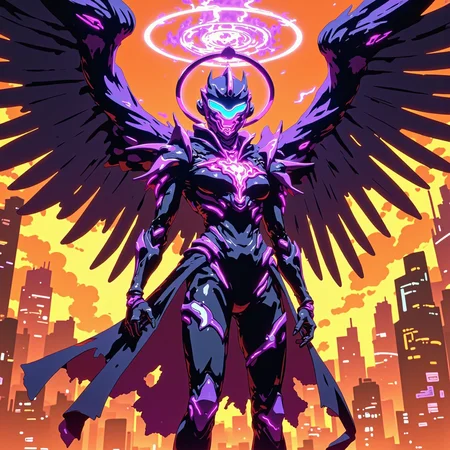 anime of a futuristic character stands proudly in front of a vibrant cityscape, donning a intricately detailed black and purple suit with a helmet and flowing cape, amidst a fiery orange and yellow backdrop. The circular orb-like structure glows with an ethereal purple and blue light, surrounded by a halo, evoking energy and power. 1girl, solo, standing, wings, cape, armor, halo, torn clothes, glowing, helmet, facing viewer, faceless, science fiction, mechanical wings, neon trim, energy wings, torn cape, humanoid robot, neon lights, glowing purple and blue accents.