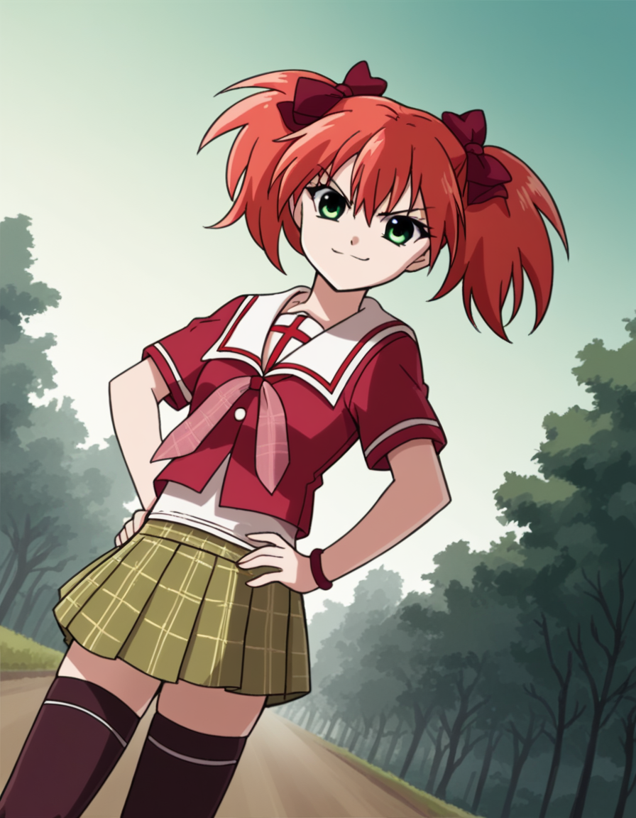 score_9, score_8_up, score_7_up, source_anime, <lora:kokoa-shuzen-s2-ponyxl-lora-nochekaiser:1>, kokoa shuzen, twintails, green eyes, red hair, hair bow, short hair,, skirt, thighhighs, school uniform, black thighhighs, plaid, serafuku, red shirt, short sleeves,, bike ride, countryside, dirt road, trees, afternoon sun, peaceful, alone, , smug, hands on hips,, looking at viewer, solo,, dutch angle, cowboy shot