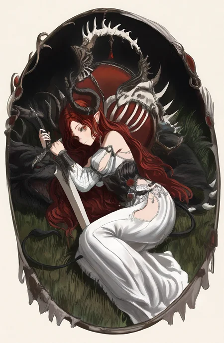 1girl, long_hair, red_eyes, dress, jewelry, tail, red_hair, lying, horns, detached_sleeves, pointy_ears, sword, white_dress, on_side, grass, bone