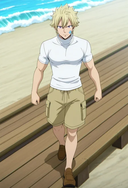masterpiece, best quality, anime screencap, anime coloring, official style, , , 1boy, male focus, amethyst eyes, light blonde hair, fade with sideburns, Cropped cargo shorts, Georgette Damask Light yellow Turtleneck T-shirt, Monk strap shoes, , Nose Clip (for swimming), solo, beach boardwalk, wooden planks, crashing waves, ice cream stalls, walking pose, carefree expression, sunny day, <lora:fairy_tail_style_ilxl:1>, fairy_tail_style,