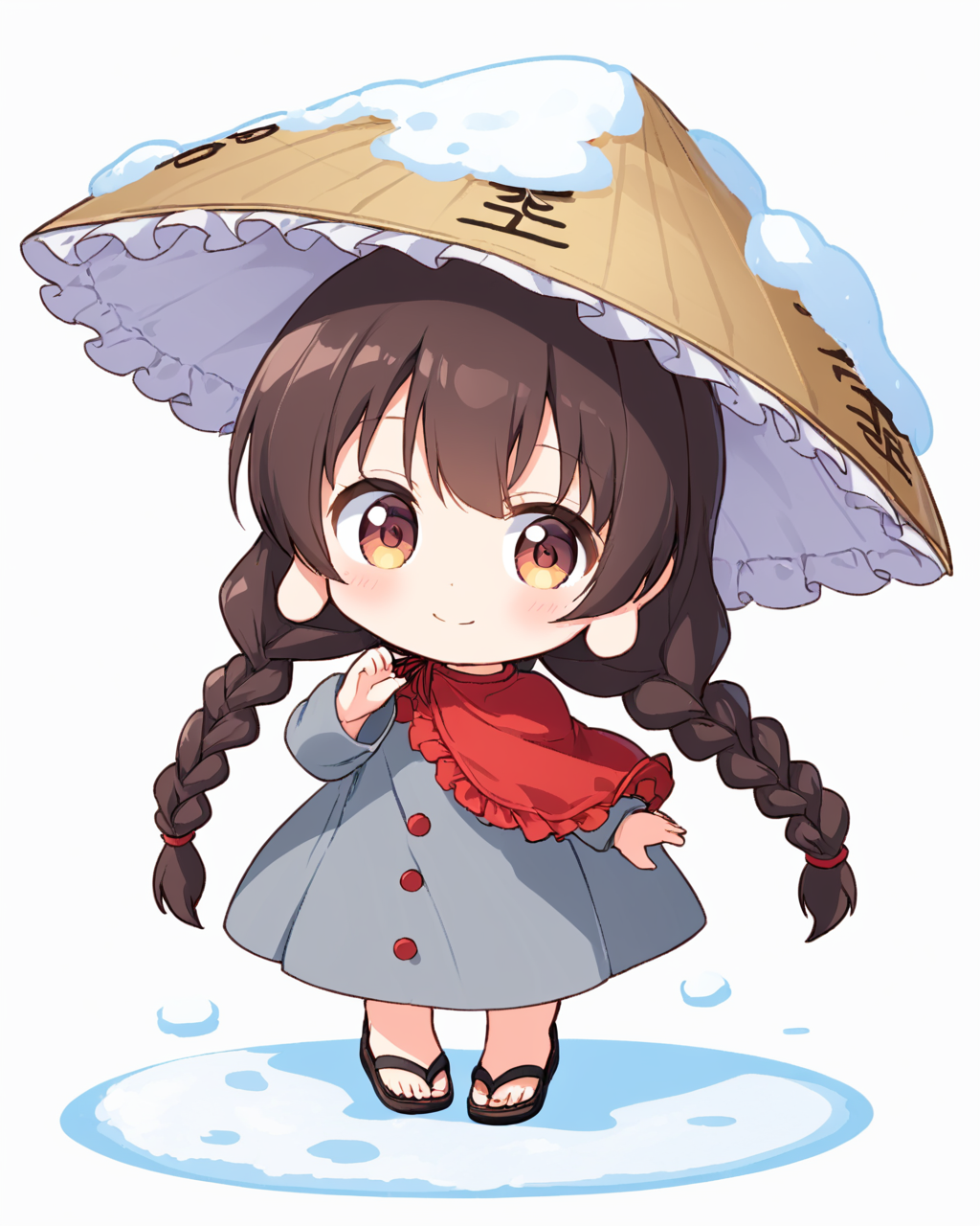 yatadera narumi,1girl, ajirogasa, solo, twin_braids, white_background, simple_background, long_sleeves, red_capelet, long_earlobes, grey_dress, smile, standing, chibi, buttons, sandals, brown_headwear, full_body, looking_at_viewer, snow, closed_mouth, clothes_writing, blush
<lora:yatadera_narumi_image528_2023-12-20:1>,star-shaped_pupils,symbol-shaped_pupils,. gorgeous,key visual, vibrant, studio anime,award-winning, professional, highly detailed,high budget, cinemascope