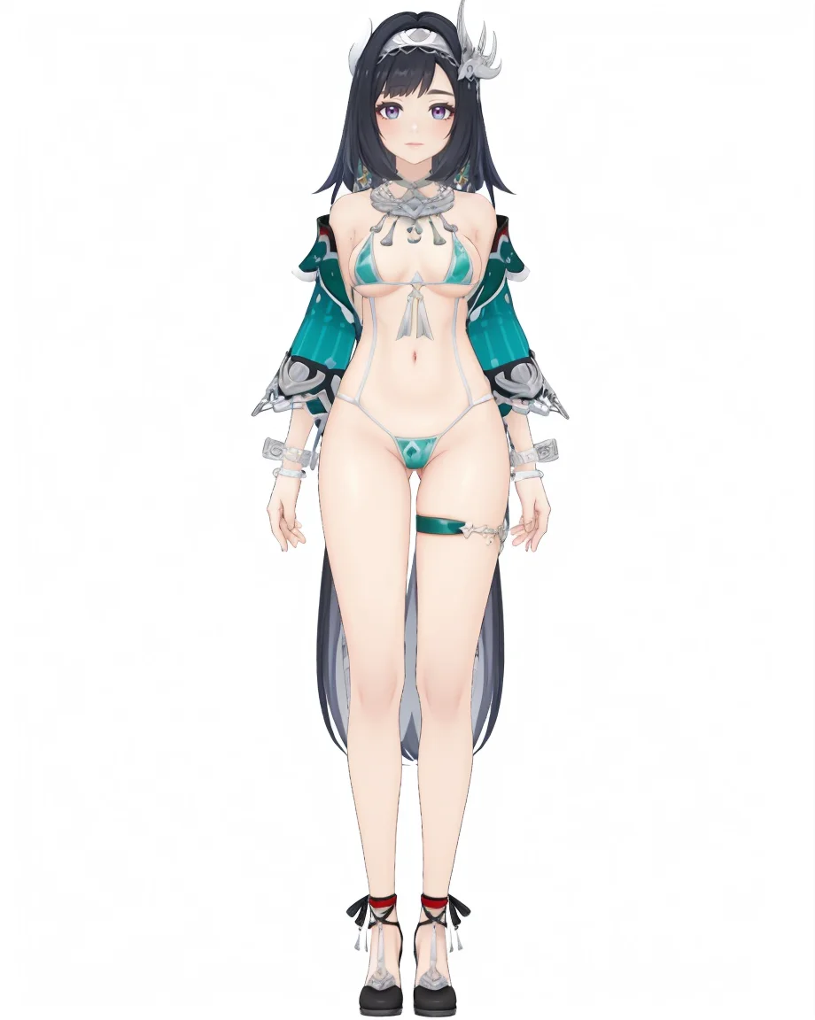 8k,best quality,masterpiece,(ultra-detailed),(high detailed skin),(by nanoless, by misumi \(macaroni\),:0.5),
A full-body portrait of a young girl,standing gracefully,pastel art style,high-key lighting,shoujo manga influence,hd quality,delicate details,
full body,full shot,standing,looking at viewer,(solo:1.2),simple background,white background,
<lora:lanyan-sd-Tanger:0.8>,
Lan Yan \(Genshin Impact\), micro bikini, Silver hair ornament, white hairband, 1girl, black hair, very long hair, blue eyes,