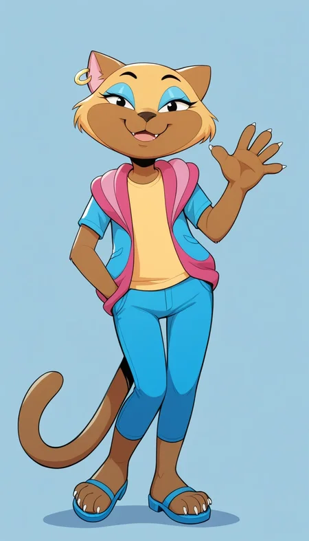 she-lion, furry, furry female, cat, solo, furry, animal ears, smile, earrings, furry female, jewelry, animal nose, body fur, shirt, makeup, closed mouth, eyeshadow, eyeliner, short sleeves, happy, blue eyeshadow, open clothes, 1girl, fang out, open vest, fang, cat ears, yellow shirt, full body, looking at viewer, waving