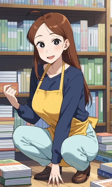 (1girl:1.5), (solo:1.3), (score_9, score_8_up, score_7_up, score_6_up, score_5_up, score_4_up), (source_anime), (rating_questionable), (book-nakamura), (black eyes, brown hair, long hair, ahoge, forehead, swept bangs), (dark blue sweater, light blue pants, yellow apron), (large breasts), <lora:book-nakamura-late_v1:0.8>, smile, open mouth, looking at viewer,
indoors, bookstore, bookshelf, cowboy shot,
squatting, holding books,