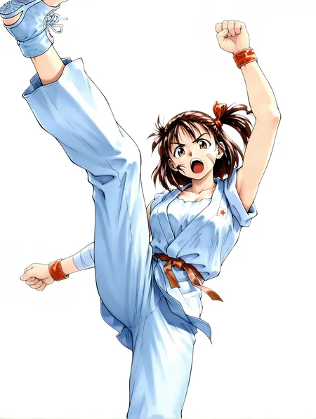 masterpiece,best quality,newest,1girl,solo,
<lora:i_ryouko_ilxl_v1.2:1>,
ryouko,brown hair,Side ponytail,ribbon,r_clothes,bandaid on face,bandaged arm,r_sneakers,toeless legwear,raised fist,arm up,<lora:Fixhands_anime_bdsqlsz_V1:1>,dynamic_angle,cinematic_angle,looking_at_viewer,simple_background,white_background,face_focus,(attack,(side kicking),standing on one leg,),high_kick,knees,open mouth,