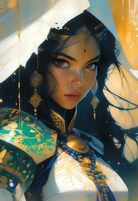 score_9, score_8_up, score_8_up, ((Cinematic composition)),((masterpiece)), (resplendent highlighting), 8k.
1girl, (full body, facing camera, from low to the ground). An achingly stunning Lebanese Chinese princess performing a side kick , she’s wearing futuristic middle eastern fashion of jade and black and gold, ((full body)) long naturally wavy black hair caught up by the wind. (resplendent highlighting of her face). Charcoal and colourful oil pastels. impressionistic bidimensional.
faded watercolours (Klimt :1.2) dadaistic collage (by Bill Sienkiewicz:1.5), strikingly alluring face. brilliant spotlight effect. A splash of paint explodes by her feet. Vibrant thick dripping paint. Intense detail, realistic, dynamic shadows and contrasts.
surreal, intense colors, liquid, unreal parts, alluring, fluid, perfection, gothic. (Luminous skin dynamically highlighted), Illustration, (klimt:0.8) (Bill Sienkiewicz:1.5). maximum detail, Chinese watercolor and ink technique. Gold leaf highlights.
<lora:xl_more_art-full_v1:0.4> <lora:epi_noiseoffset2:1>3