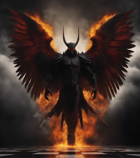 (The figure has large dark wings extending from his back. The symmetrical wings are menacing, with visible feathers; they are spread wide and fill the upper half of the picture.)
(The figure stands on the reflective black marble floor in the center of heaven, in intense dark yellow and red flames:1.5). Clouds of smoke mingle with the flames and amplifying the intensity.
The picture is photographed in a monochromatic scheme, mainly with shades of black, white and gray.
(intricate details, insane details, highly detailed, ultra high quality, sharp focus, high contrast, best shadows, soft lighting, dark artificial light, volumetric lighting, cinematic lighting, epic cinematic, 8k UHD, RAW photo, film grain, denoise, photorealistic, photo realism, long shot, centered:1.4)