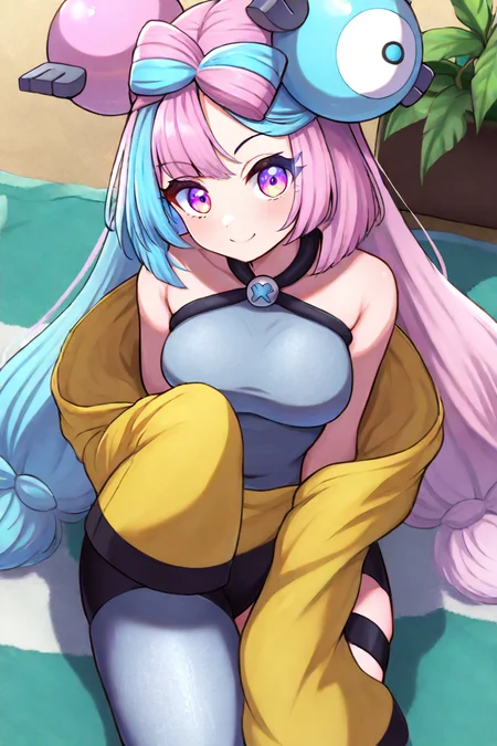 masterpiece, best quality, absurdres, medium breasts, (curvy), cute, eyelashes, vivid colors, solo, BREAK, ,,, , ,,, zzIono, solo, 1girl, long hair, pink eyes, blue hair, pink hair, light blue hair, multicolored hair, bow-shaped hair, yellow jacket, sleeves past fingers, single leg pantyhose, thigh strap, <lora:IonoPokemonIXL_e08:1.0>, ,,, , ,,, smile, looking at viewer, ,,, tropical beach, plants, laying on towel, zzDelfinoPlaza, <lora:Delfino_Plaza_SDXL_v2:0.8>,