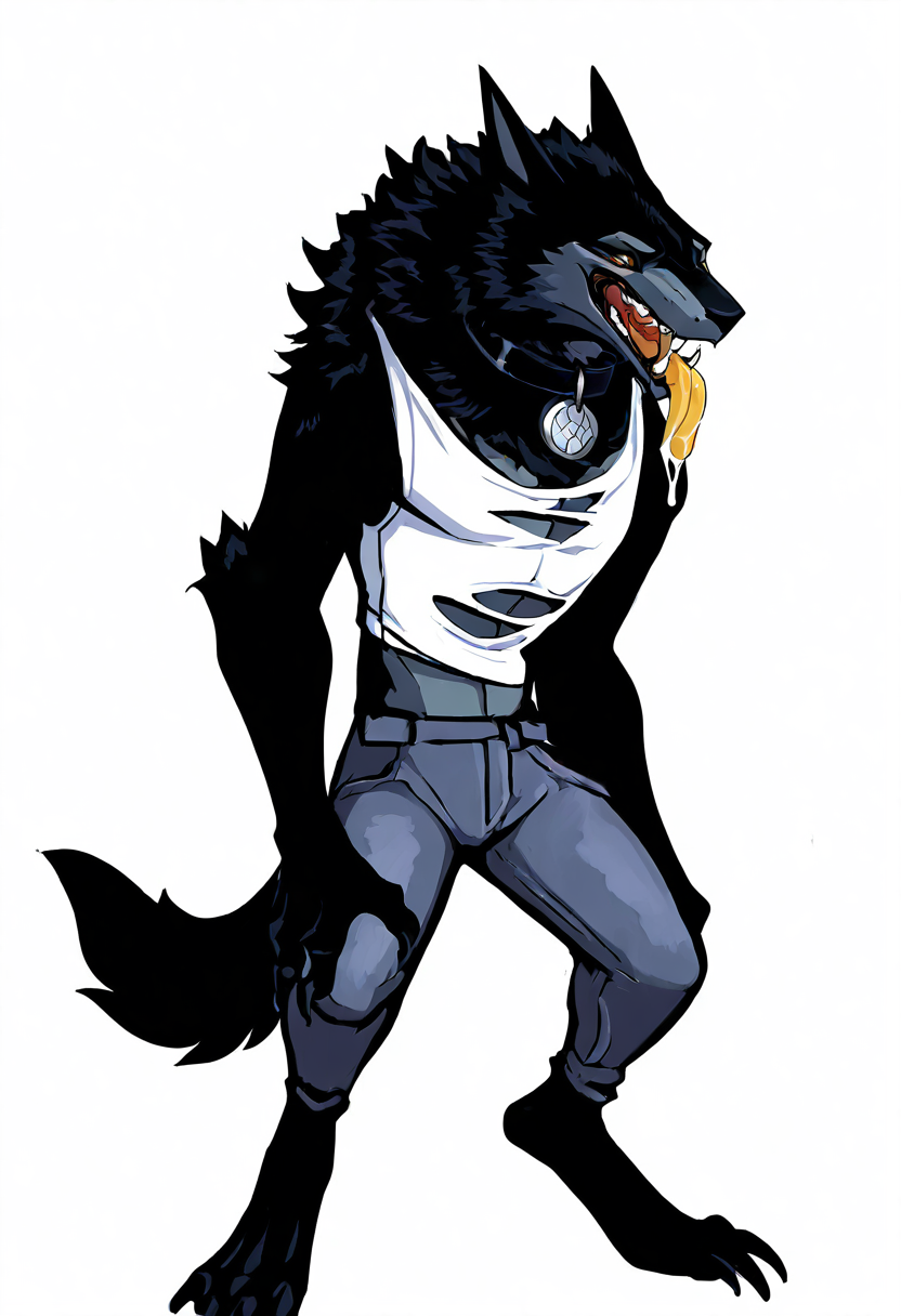 (masterpiece, best quality, good quality, very aesthetic, absurdres, newest:1.2),    <lora:BreedingSeason_NAI:1.0>,  1boy, solo, werewolf, open mouth, white background, animal ears, standing, tail, yellow eyes, tongue, tongue out, collar,  saliva, claws, furry, monster, furry male,   ripped jeans, ripped whit shirt,