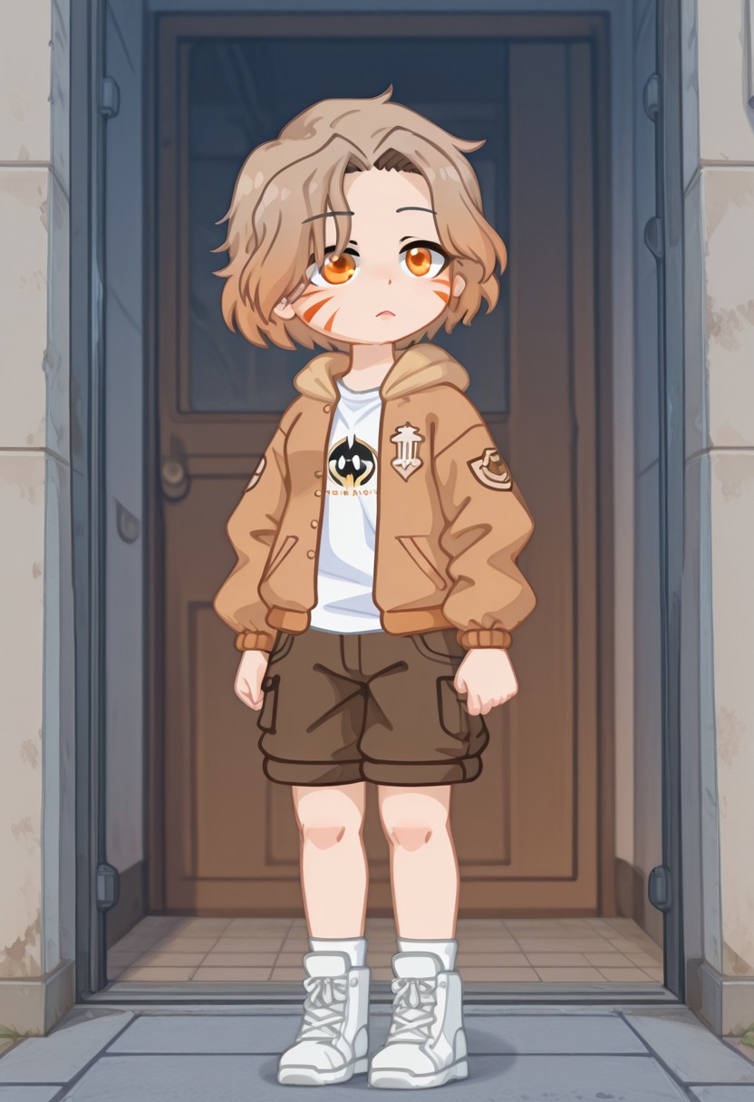 masterpiece,best quality,amazing quality,GachaS6ARAG, S6ARAG, brown hair, short hair, orange eyes, facial mark, open brown jacket, white shirt, brown shorts,  white shoes,standing
