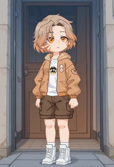 masterpiece,best quality,amazing quality,GachaS6ARAG, S6ARAG, brown hair, short hair, orange eyes, facial mark, open brown jacket, white shirt, brown shorts, white shoes,standing