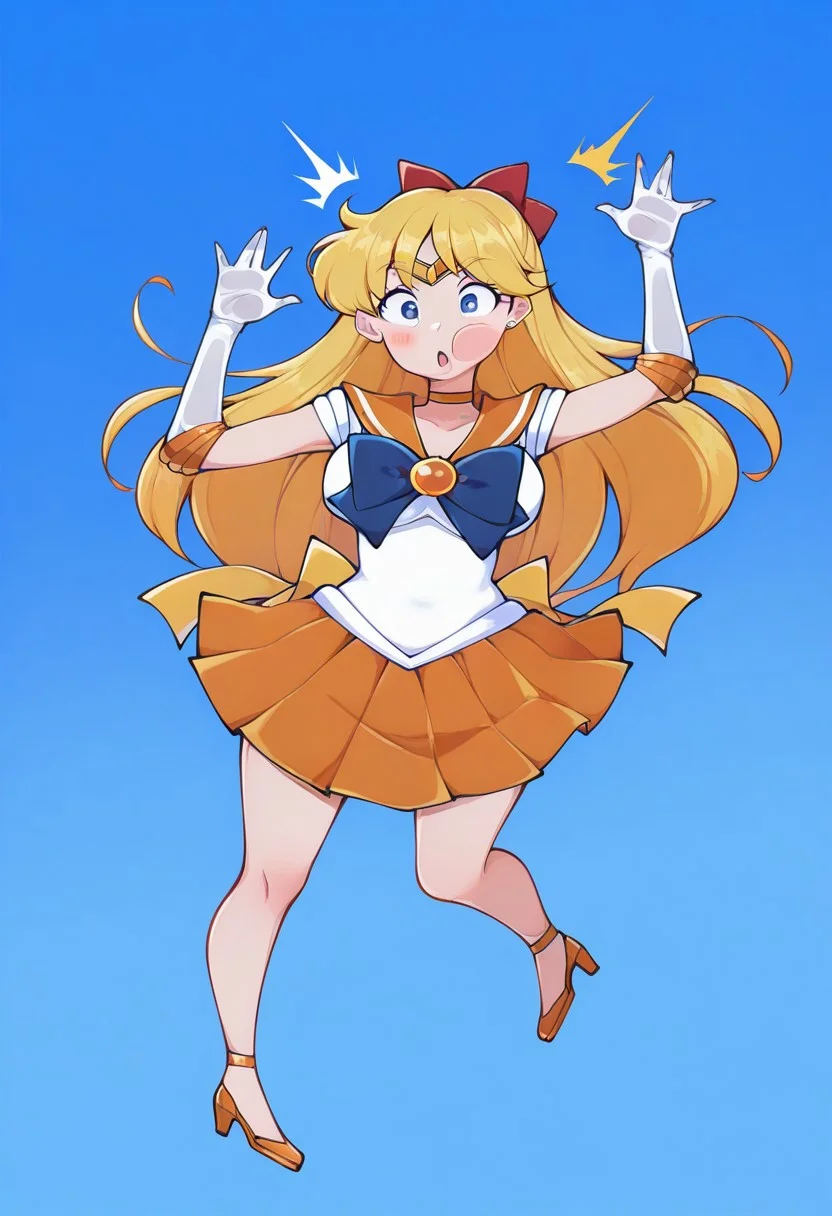 ,masterpiece,extremely detailed,best quality,amazing quality,newest,absurdres,highres, super detailed skin,1 girl, sailor venus,aino minako,elbow gloves,back bow,red bow,circlet,gloves,,long hair,pleated skirt,blue eyes,blonde hair,white gloves,orange skirt,hair orange choker,solo,orange sailor collar,paper thin, flattened girl, flattened, surprised, screenko, full_body,(dynamic angle:1.1), blue_background