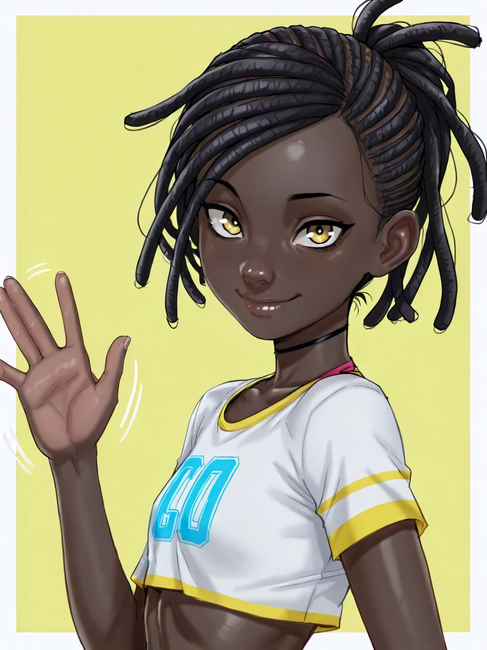 (masterpiece,best quality,newest,absurdres,highres), t4n1y4h, 1girl, black hair, dreadlocks, dark skin, yellow eyes, closed mouth, smile, upper body, raise left hand, waving, looking at viewer, yellow background <lora:Taniyah_IllustriousXL:1>