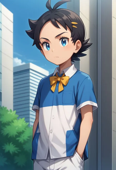 score_9, score_8_up, source_anime, highly detailed, 1boy, solo, skinny, human child,
go2, 1boy, male focus, solo, blue eyes, hands in pockets, shorts, closed mouth, antenna hair, white shorts, shirt, two colour shirt, white shirt, blue shirt, eyelashes, short sleeves, collared shirt, ribbon at neck, yellow ribbon, bangs,
outdoor,