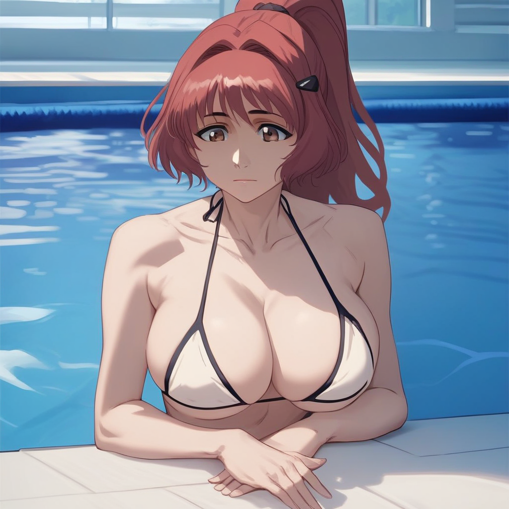 source_anime, ((score_9)),score_8_up,score_7_up,score_6_up,score_5_up,score_4_up, takama_kozue, t4k4m4k0zu3, 1woman, large breasts, brown_eyes, long hair, red hair, hair intakes, bang, sidelocks, ponytail, hairclip, white bikini, pool, masterpiece, best quality