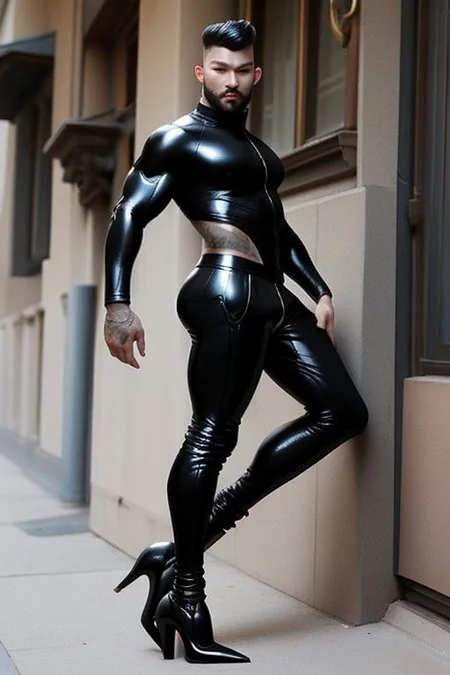 Gay man, masculine, hairy, black rubber, tight tracksuit, high stiletto heels